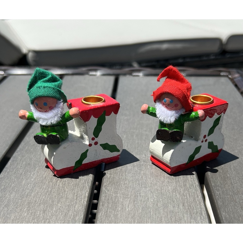 Vintage Wooden Christmas Candle Holders Elf On Boot Stocking Taper Holiday Decor
